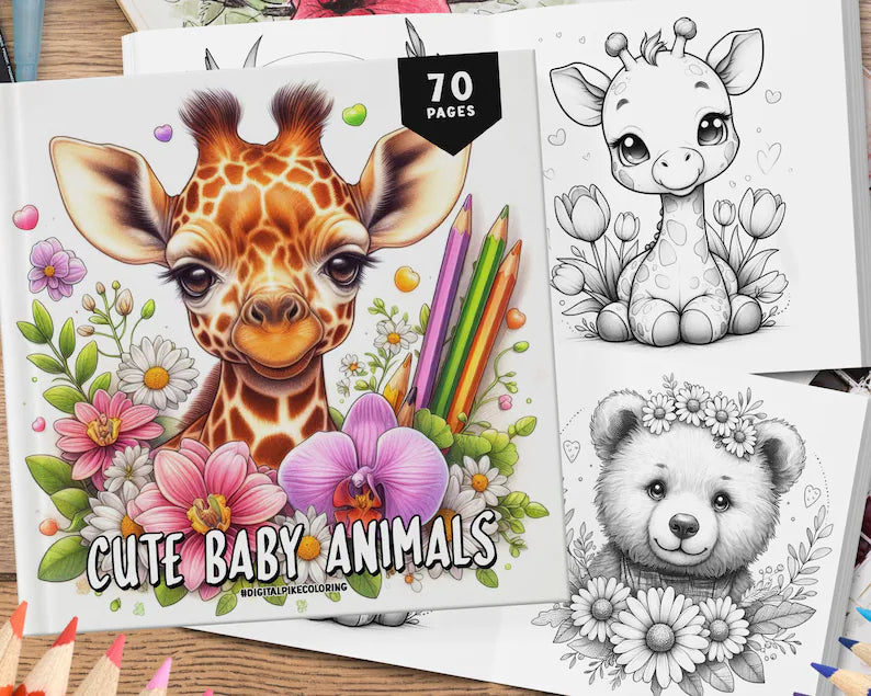 70 Cute Baby Animal Coloring Book Cute Animal Coloring Pages Coloring Sheets Adorable Coloring for Adults and Kids Kawaii Animal Art Book