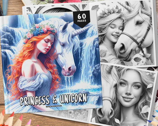 60 Princess & Unicorn Coloring Book, Grayscale Coloring Pages, Coloring Sheets, Fantasy Coloring, Princess Coloring Pages, Printable PDF