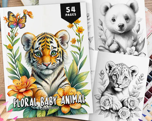 54 Floral Baby Animal Coloring Book, Grayscale Coloring Pages, Coloring Sheets, Animals in Flowers Coloring, Baby Animal Coloring