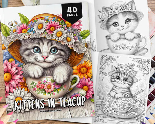 40 Kittens in Teacup Coloring Book, Grayscale Coloring, Coloring Sheets, Kids & Adult Coloring Book, Cute Coloring, Cats Coloring Pages