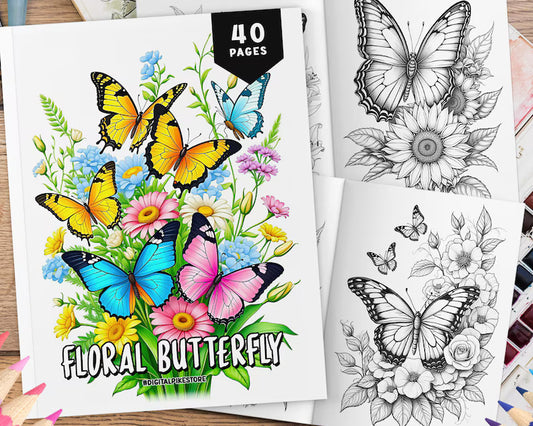40 Floral Butterfly Coloring Pages For Adults, Grayscale Coloring Pages, Coloring Sheets, Butterflies with Flowers Coloring Book