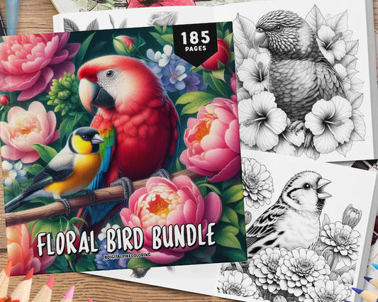 185 Floral Bird Bundle Coloring Pages, Grayscale Coloring Book, Coloring Sheets, Animals Coloring Book, Bird Coloring Book, Instant Download