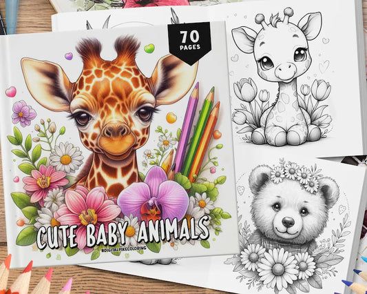 70 Cute Baby Animal Coloring Book Cute Animal Coloring Pages Coloring Sheets Adorable Coloring for Adults and Kids Kawaii Animal Art Book