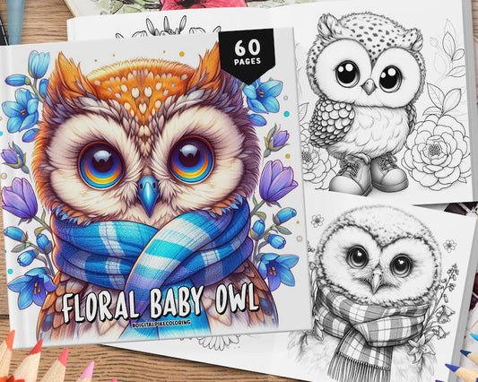 60 Floral Baby Owl Coloring Book, Animal Coloring Book, Coloring Sheets, Cute Coloring For Adults and Kids, Kawaii Animal Coloring Book