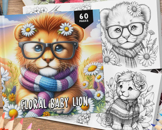 60 Floral Baby Lion Coloring Book, Animal Coloring Book, Coloring Sheets, Cute Coloring For Adults and Kids, Kawaii Animal Coloring Book