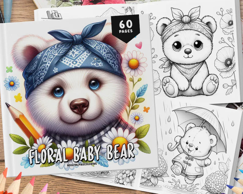 60 Floral Baby Bear Coloring Book, Animal Coloring Book, Coloring Sheets, Cute Coloring For Adults and Kids, Kawaii Animal Coloring Book