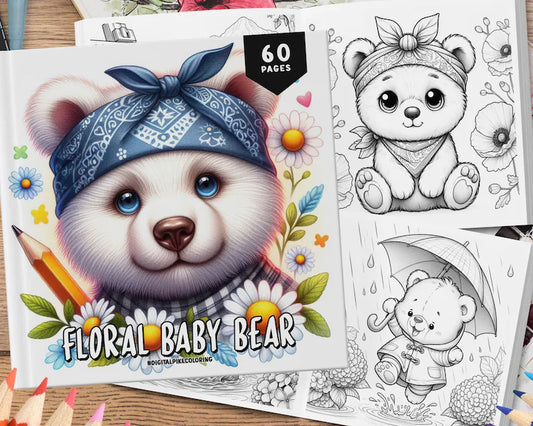 60 Floral Baby Bear Coloring Book, Animal Coloring Book, Coloring Sheets, Cute Coloring For Adults and Kids, Kawaii Animal Coloring Book