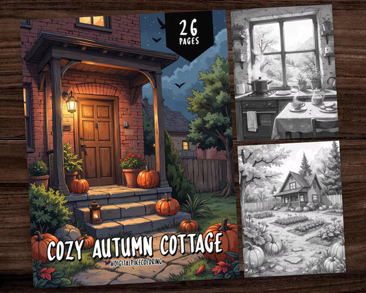 26 Cozy Autumn Cottage Coloring Book, Grayscale Coloring Pages, Coloring Sheets, Landscape Coloring Pages for Adults, Instant Download