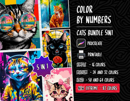 Paint by Numbers Color by Number Digital Coloring Pages Procreate Coloring Book Adult Coloring Cats Coloring by Numbers Feline Art Bundle