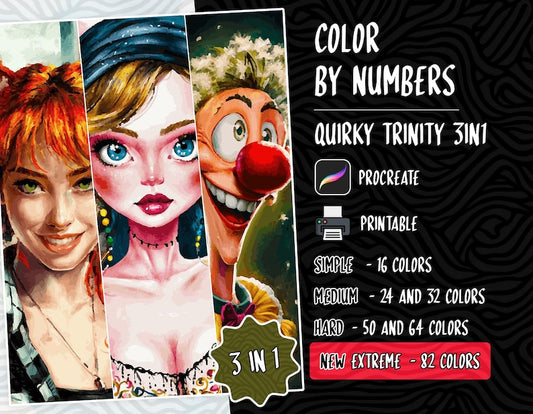 Color by Number, Paint by Number, Digital Coloring, Procreate Coloring Book, Adults Coloring Book, Fantasy Coloring, Quirky Trinity Coloring