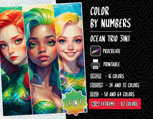 Mermaids Coloring by Number, Digital Coloring Page, Paint by Number, Procreate Coloring Book, Adults Coloring, Women Coloring Procreate PDF