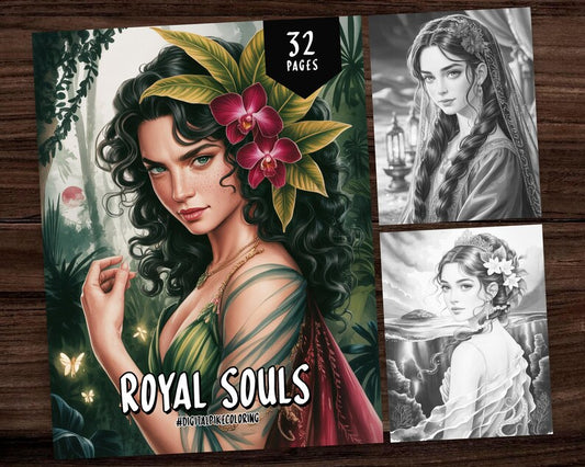 32 Royal Souls Coloring Pages for Adults and Kids Instant Download Grayscale Coloring Book PDF & PNG Woman Fashion Beauties Coloring Pages