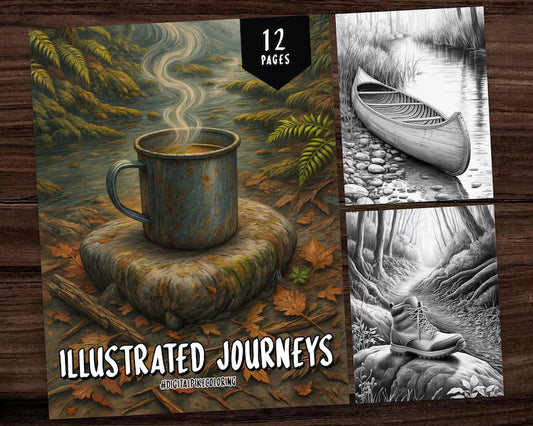 Illustrated Journeys Forest Coloring Pages, Grayscale Coloring Pages, Coloring Sheets, Landscape Coloring Pages for Adults, Instant Download